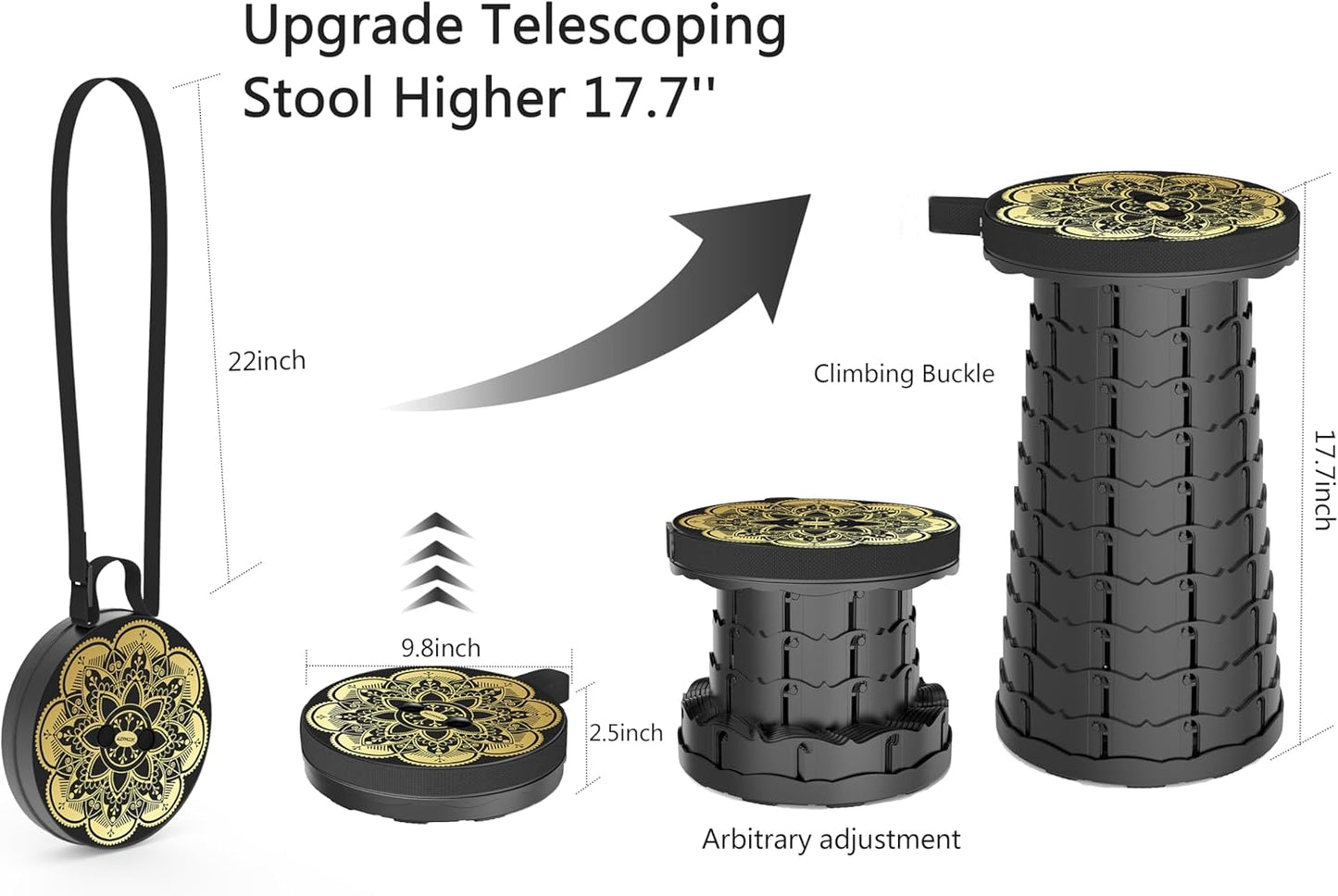 ALEVMOOM Upgraded Portable Collapsible Folding Stool Retractable Telescoping Stool for Adults Sturdy Capacity 440lbs Camping Chair for Outdoor Hiking Garden BBQ