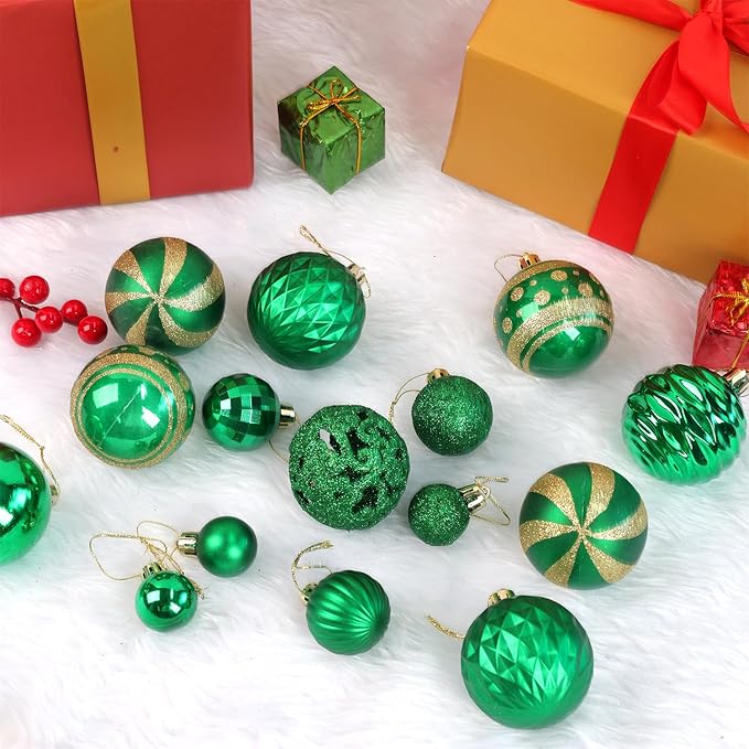 100PCS Christmas Ball Ornaments, Assorted Shatterproof Christmas Tree Decorations, Seasonal Decorative Hanging Baubles Decor Set for Xmas/Holiday/Party, Glitter&Painting Ornament Set (Green Gold)
