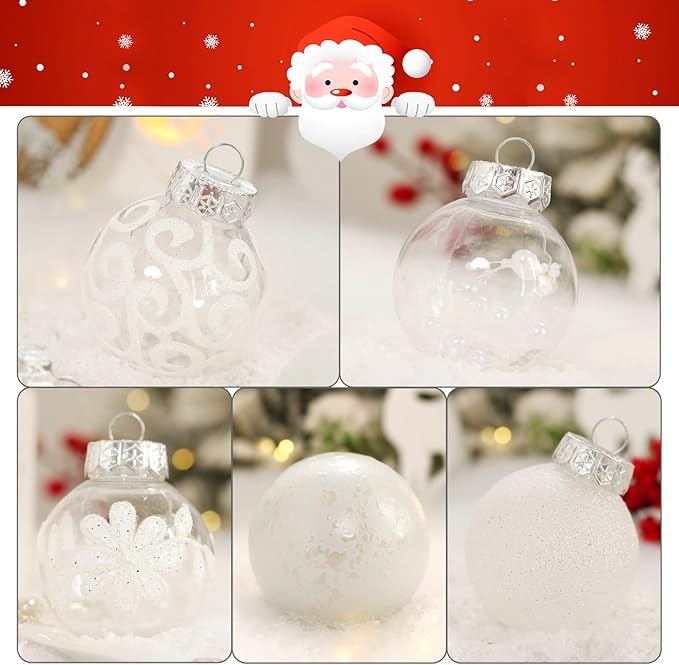 60mm/2.36inch Clear Christmas Ornaments, 30ct Shatterproof White Christmas Tree Ornaments Set Transparent Hanging Balls with Stuffed Decorations for Halloween Thanksgiving Xmas Wedding Party Home
