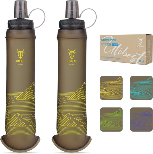 UTOBEST 500ml Soft Flask, 2 Pack Flexible TPU Hydration Water Bottle, Collapsible with 42mm Caliber for Running, Hiking, Cycling, Climbing, and Marathon Yellow