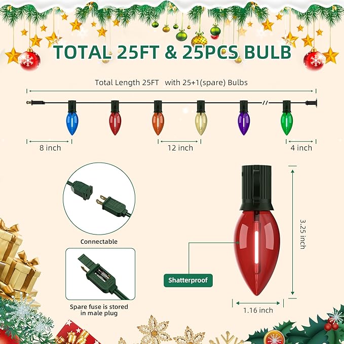 25Ft Christmas Lights Outdoor, C9 Multicolor Christmas Lights with 25 Colored LED Bulbs, Waterproof Connectable for Holiday, Xmas, Roofline, Wedding, Christmas Tree Decor- Green Wire