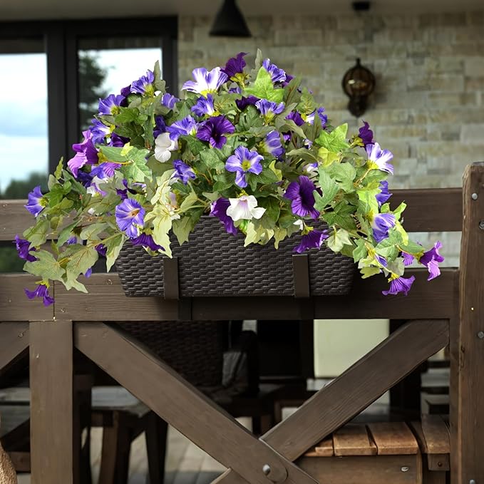 Artificial Morning Glory Fake Flowers for Outdoor Planter Decoration, 2 Pcs Petunias Realistic UV Resistant Faux Silk Flowers for Garden Balcony Porch Indoor Decor (Purple White)