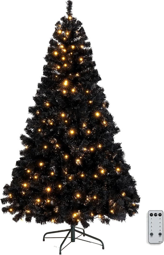 VINGLI 6ft Black Pre-lit Artificial Christmas Pine Tree with 250 Warm White Lights, Xmas Tree Holiday Party Decorations with Sturdy Metal Stand, Full 900 Tips Branch, 8 Color Modes
