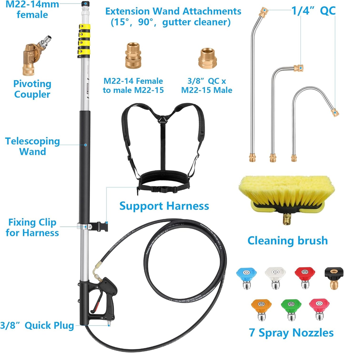 24FT Telescoping Pressure Washer Extension Wand, Aluminum Power Washer Extension Wand, Solar Panel Cleaner Pole with Brush Head, 7 Nozzle Tips, 3 Adapters, Support Belt