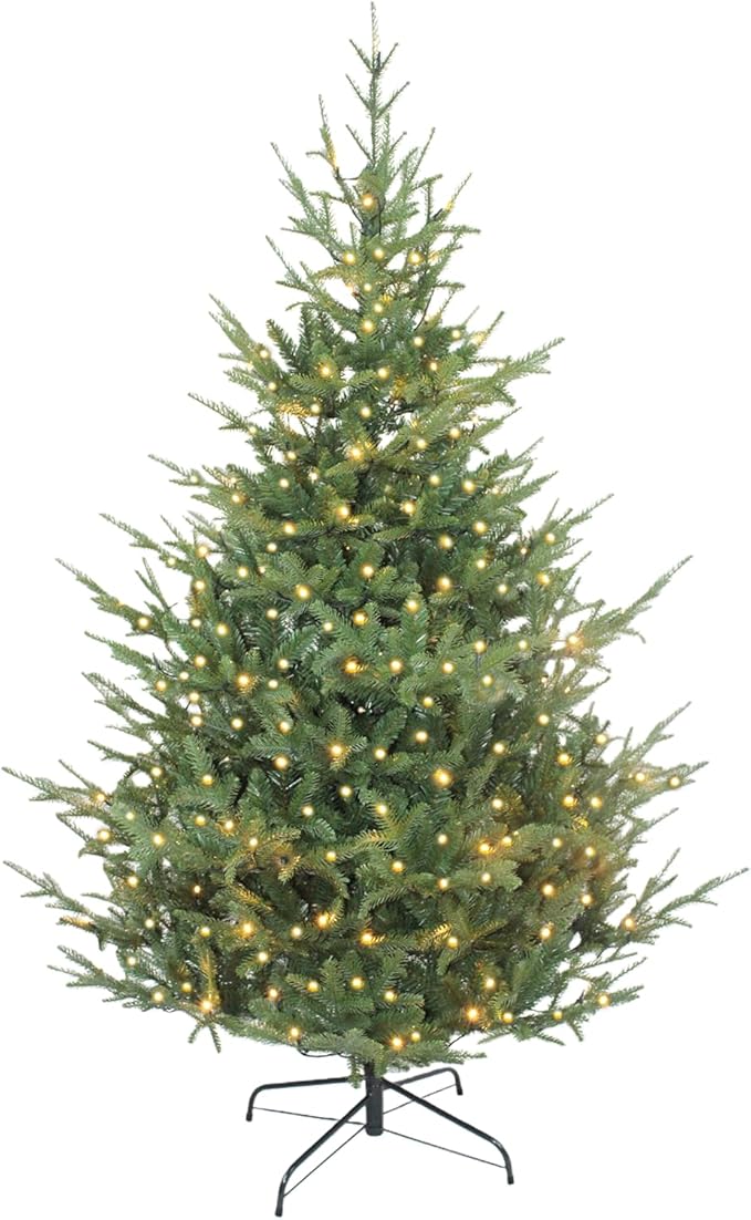6ft Pre-Lit Christmas Tree, Premium Hinged Artificial Pine Tree w/ 750 Realistic Branch Tips 180 Warm LED Lights Spruce Xmas Full Tree w/Metal Hinges & Foldable Metal Base for Home/Office