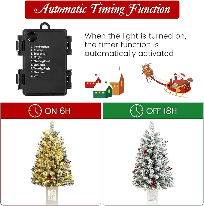 3 Ft Pre-Lit Christmas Tree, Frosted Artificial Christmas Tree with 78 Led Lights,8-Mode Battery Box,Timer Battery,Red Berry,Christmas Decoration for Home, Office,Fireside,Easy Installation