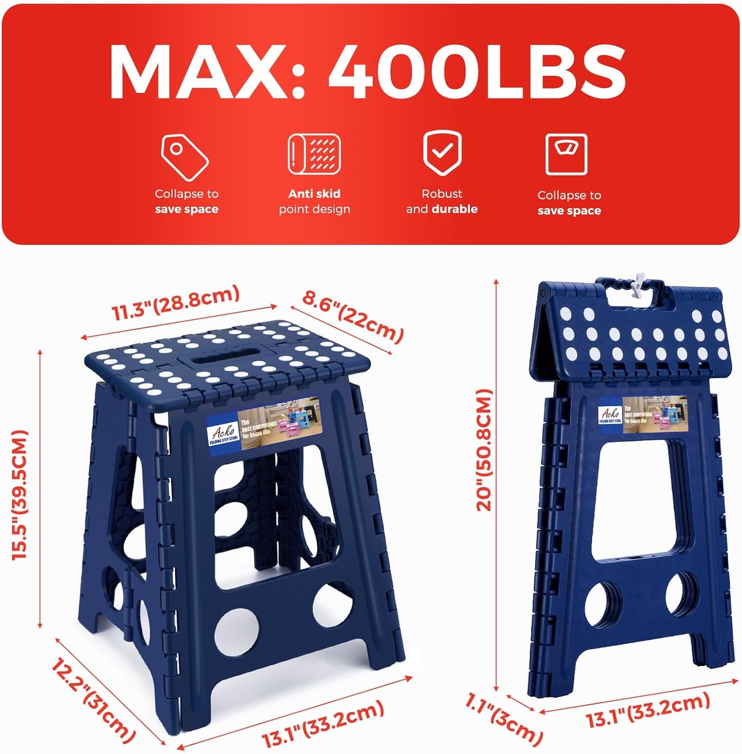 ACKO Folding Step Stool Foldable 16 Inch 400 lbs Capacity, Plastic Stools for Adults and Kids, Collapsible Stools for Kitchen, Stepping Stool with Handle(Royal Blue)