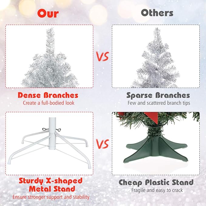 Happygrill 7.5 FT Christmas Tree Silver Tinsel Xmas Tree with 1258 Branch Tips Metal Stand, Artificial Hinged Christmas Tree for Indoor and Outdoor Holiday Decoration