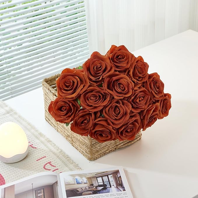 50Pcs Burnt Orange Roses Artificial Flowers Artificial Silk Roses Bulk,Fake Roses Flower with Stems Realistic Flowers for Wedding Centerpiece Home Party Decor