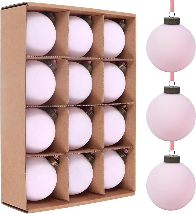 Velvet Christmas Balls Bulk Shatterproof Plastic Christmas Tree Decorations for Decorative Hanging Baubles (12, Pink, 3.15Inch)