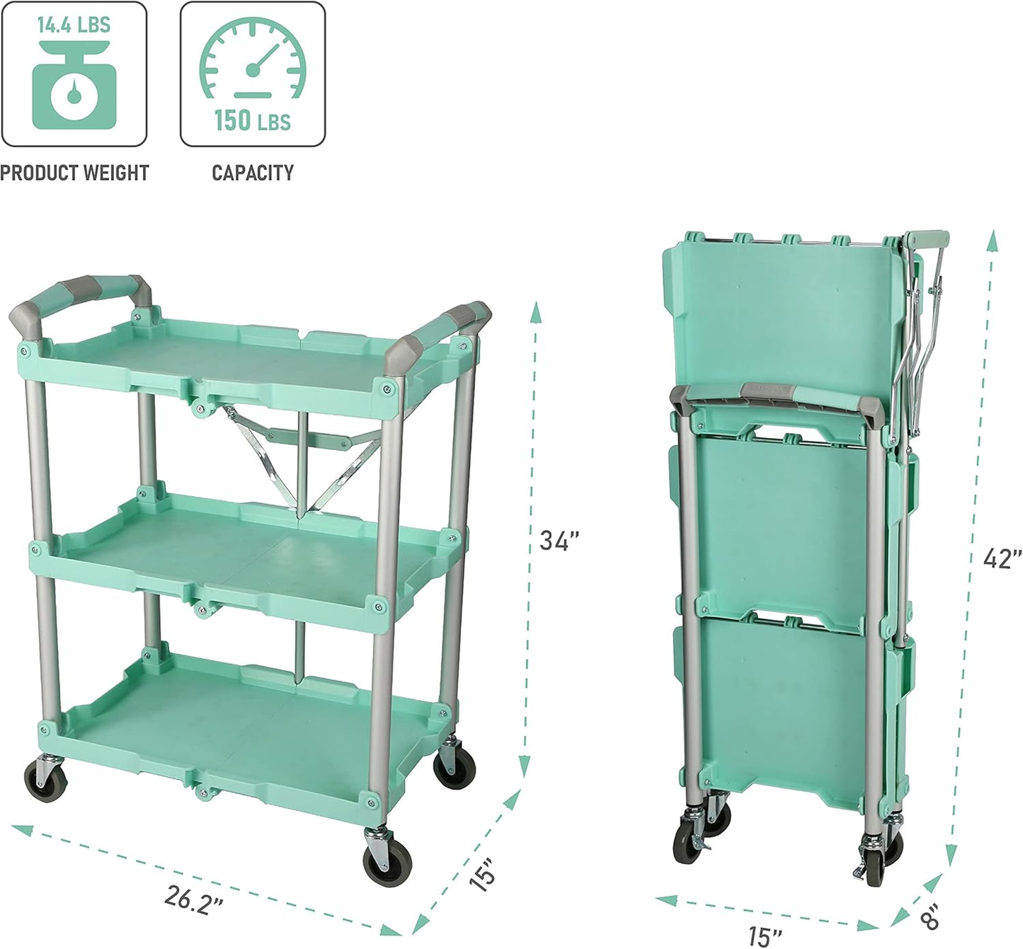 Olympia Tools 89-349 Pack-N-Roll Folding Collapsible Service Cart, 150LB Capacity, Teal
