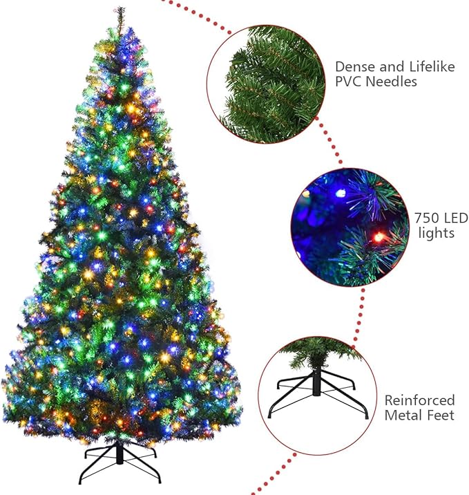 HAPPYGRILL 8FT Pre-Lit Christmas Tree with 2128 PVC Branch Tips and Foldable Base, Premium Artificial Spruce Tree Hinged Xmas Tree for Holiday Decor