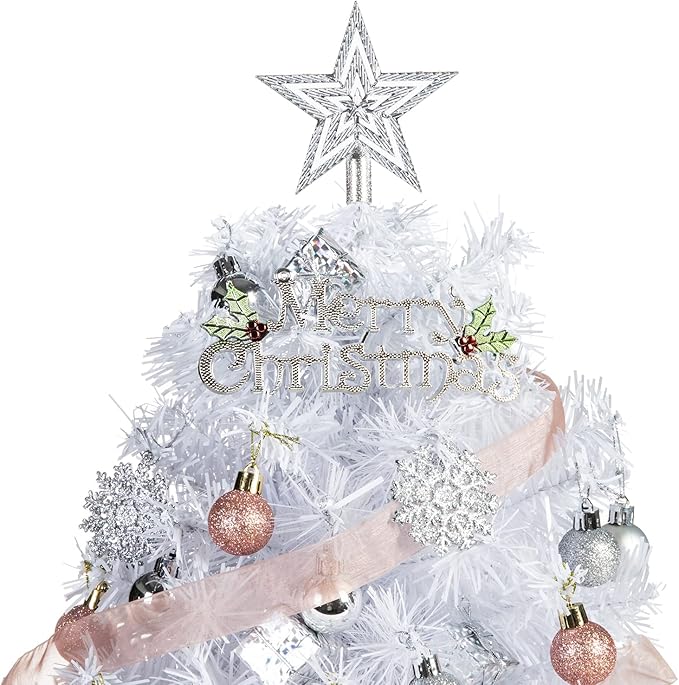 20" Mini White Christmas Tree, Artificial Mini Christmas Tree with Lights, Tabletop Christmas Tree with Star Treetop Snowflake Boxes and Ball Ornaments for DIY Christmas Decoration(White)