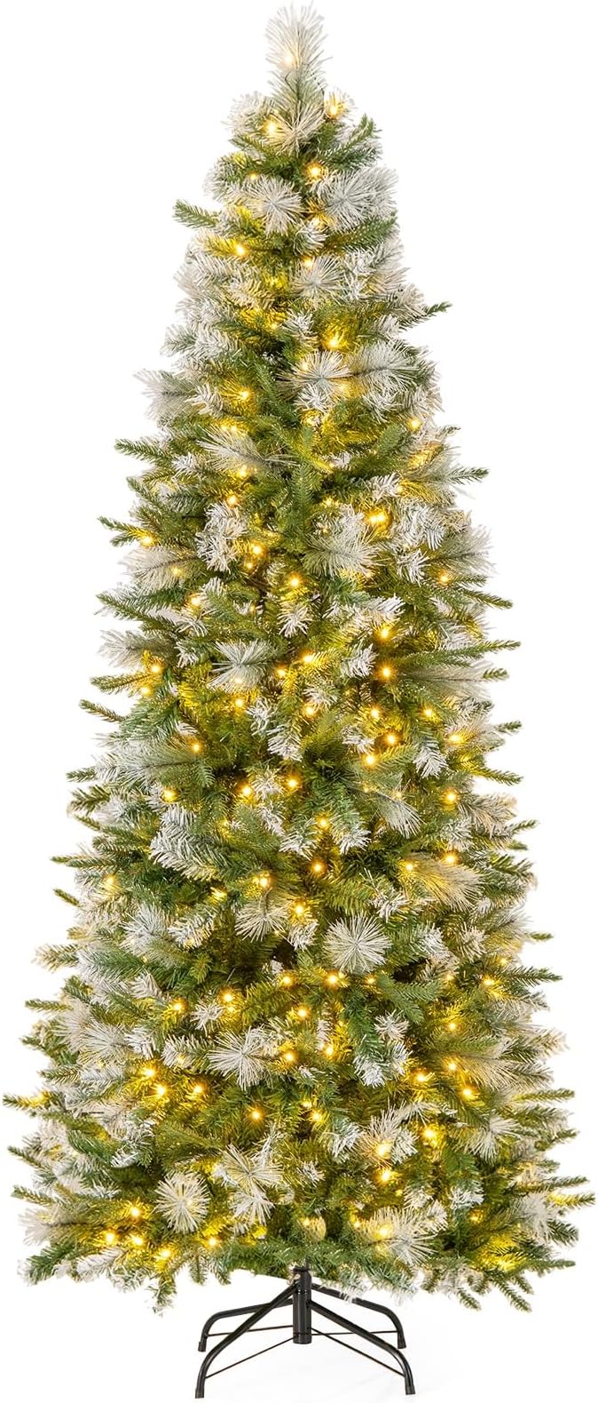 GOFLAME 6 FT Pre-Lit Pencil Christmas Tree Snow Flocked, Slim Artificial Xmas Tree with 580 Branch Tips, 280 Warm White LED Lights, Holiday Decoration Tree for Home Party Office