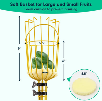Fruit Picker Pole with Basket,8FT Long Heavy Duty Mango Picker Tool with Adjustable Fruits Picking Pole, Fruits Picking Grabber for Lemon,Apple,Almonds,Avocados