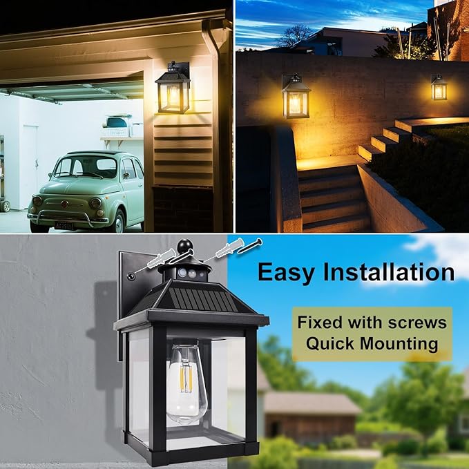 Solar Wall Lights Outdoor Large Size Solar Porch Sconce Lights Motion Sensor with 3 Lighting Modes Dusk to Dawn - Waterproof Lantern Fixture for Front Door Garage Porch Yard Fence (2 Pack)