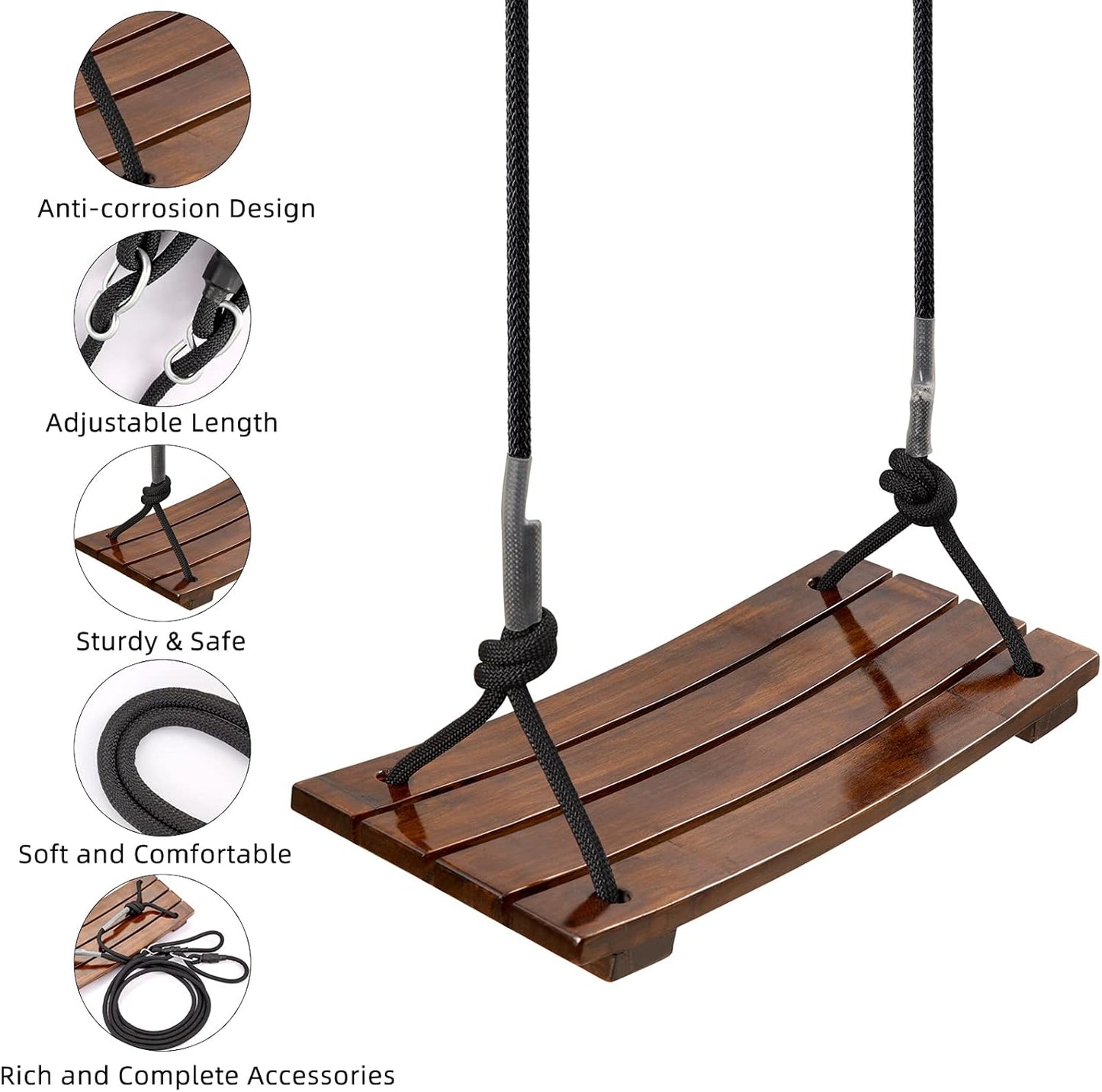 Pellor Wood Tree Swing Seat,Indoor Outdoor Rope Wooden Swing Set for Children Adult Kids (Chocolate)