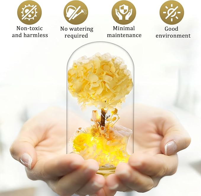 Preserved Flowers with LED Light, Yellow Hydrangea Tree and Rose,Wood Base,Christmas Rose Gifts for Valentine's Day, Mother's Day, Anniversary,for Mom Grandma Wife Friend Used as for Occasions