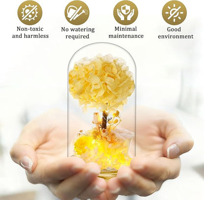 Preserved Flowers with LED Light, Yellow Hydrangea Tree and Rose,Wood Base,Christmas Rose Gifts for Valentine's Day, Mother's Day, Anniversary,for Mom Grandma Wife Friend Used as for Occasions