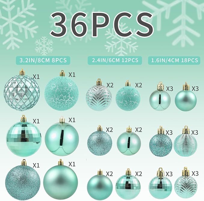 LANGXUN 36pcs Peacock Christmas Tree Decorations Balls, Bolas De Navidad, 2025 Christmas Decor, Indoor Outdoor Shatterproof Christmas Ornaments, Xmars Party Wedding Suppiles