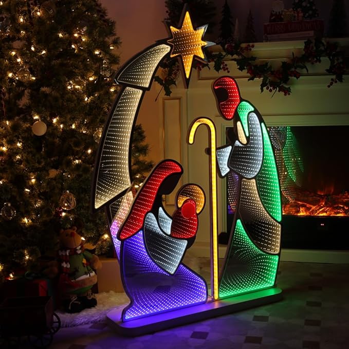 hogardeck Nativity Scene for Christmas Decorations, 4FT Christmas Nativity Scene Infinity Mirror Tunnel Light, 3D Endless Extension Holy Family for Home Indoor Living Room Outdoor Yard Garden Decor