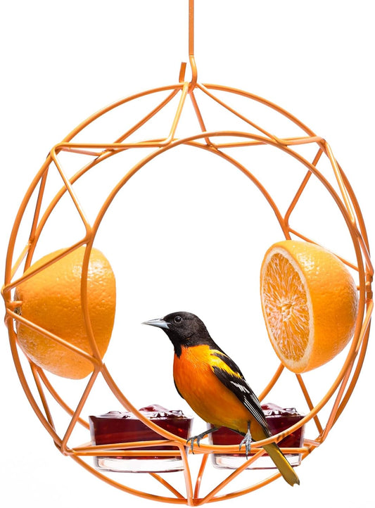MEKKAPRO Sun Baltimore Oriole Feeder for Outdoors, Jelly and Orange Metal Bird Feeder, Unique Sun Design and Bright Color, Open Top Hook, UV-Resistant Powder-Coated Steel (2 Cups)
