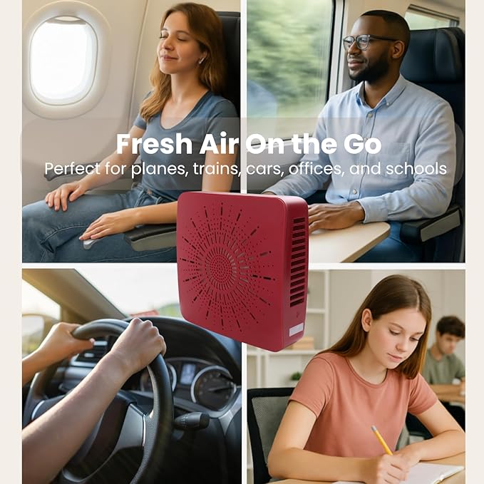 4-in-1 Portable Air Purifier HEPA Filter, Aroma, Ionizer & Mini Fan – USB-C Desktop Air Cleaner for Smoke, Pollen, Dander, Odors – 5 Colors for Bedroom, Office, Baby, Pets, Travel (Crimson Red)