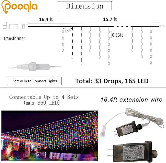Pooqla Color Changing Icicle Lights with Remote, 34 Colors Christmas Outdoor Decoration, 165 LED 26.2 FT RGB Waterproof Hanging String Lights for Roof Window Home Party Thanksgiving Christmas Decor