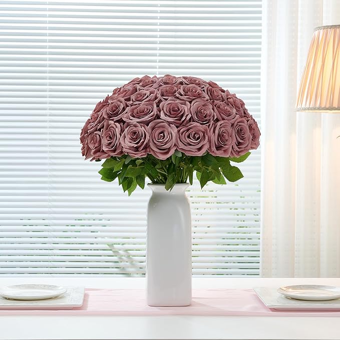 50Pcs Dusty Rose Roses Artificial Flowers Artificial Silk Roses Bulk,Fake Roses Flower with Stems Realistic Flowers for Wedding Centerpiece Home Party Decor