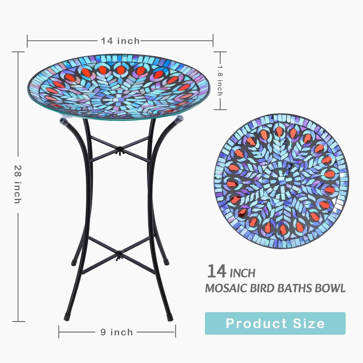 VCUTEKA Mosaic Bird Bath, Glass Birdbath Detachable with Metal Standing for Outdoor Patio Garden Backyard Décor
