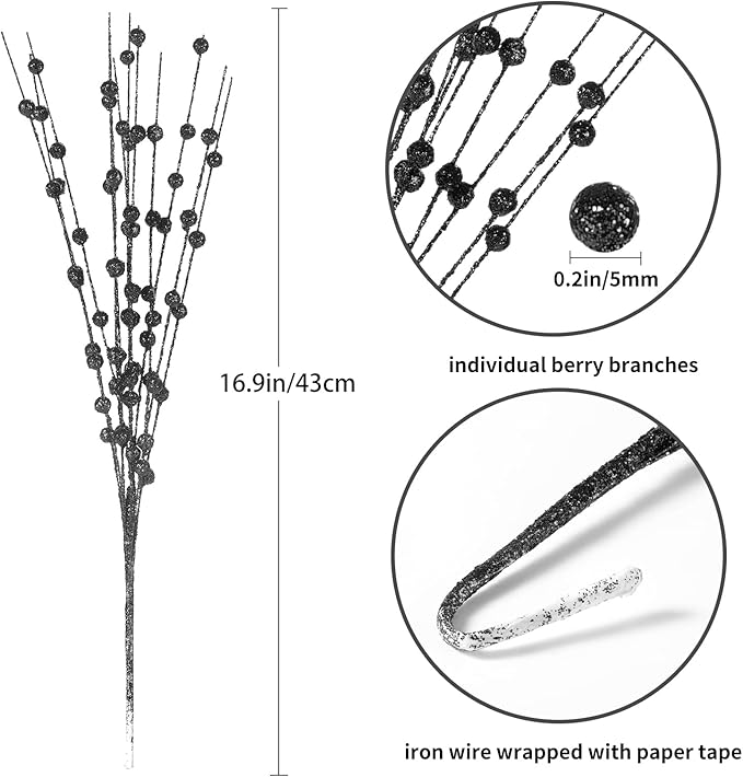 Christmas Artificial Glitter Berry Stem Decorations Decorative Bead Sticks Xmas Picks Glittery Twigs Branches for Christmas Tree Wreath Gift Vase Home Decor Party Ornaments Black 24 PCS