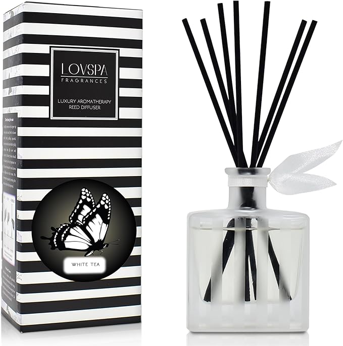 LOVSPA Reed Diffuser Set, White Tea Scented Oil Diffuser with Sticks, Home Fragrance Accessories for Bathroom Shelf Decor, Aroma Diffusers for Home or Office Desk, USA Made