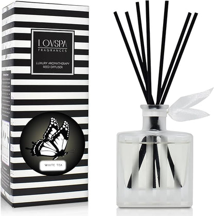 LOVSPA Reed Diffuser Set, White Tea Scented Oil Diffuser with Sticks, Home Fragrance Accessories for Bathroom Shelf Decor, Aroma Diffusers for Home or Office Desk, USA Made