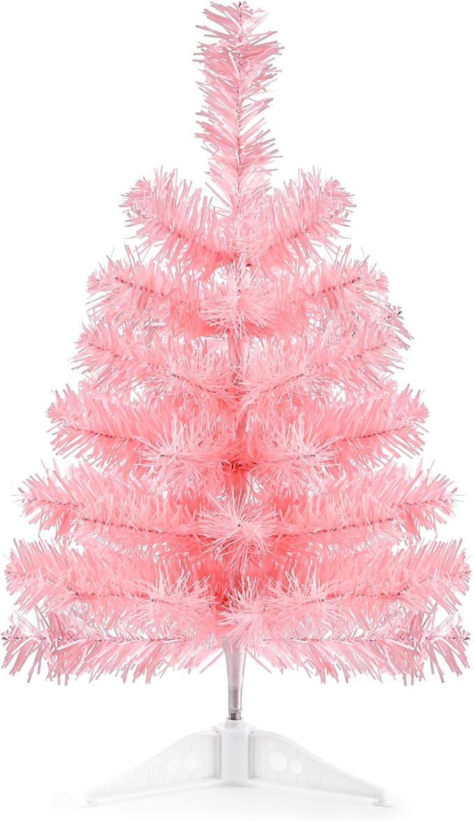 17.7Inch Artificial Christmas Tree Pink Tabletop Christmas Tree with Plastic Stand Mini Xmas Pine Tree for Indoor Outdoor Holiday Home Decoration
