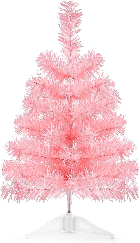 17.7Inch Artificial Christmas Tree Pink Tabletop Christmas Tree with Plastic Stand Mini Xmas Pine Tree for Indoor Outdoor Holiday Home Decoration