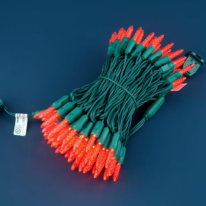 100 Red Faceted One-Piece LED Christmas Lights, 33 ft Green Cord High Waterproof UL Certified M6 Outdoor String Lights (Red)