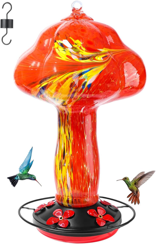 45 Ounce Hummingbird Feeders for Outdoors Hanging Ant and Bee Proof, Unique Hand Blown Glass Hummingbird Nectar Feeder, Gifts for Garden Decor Backyard, Red Feather