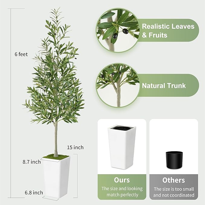 Artificial Olive Tree 6ft - Realistic Tall Fake Plants for Office Living Room Bedroom Home Decor Indoor - Faux Floor Green Silk House Corner Large Potted Plants