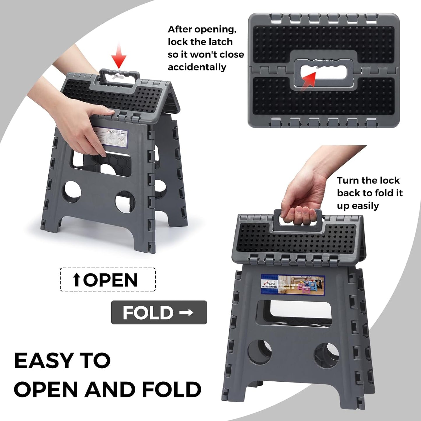 ACKO Folding Step Stool 13 inch Height Premium Heavy Duty Foldable Step Stools for Adults and Kids, Kitchen Plastic Small Collapsible Stepping Stool Hold Up to 300 LB Dot Grey (1 Pack)