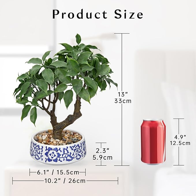 Artificial Bonsai Tree, Small Ficus Bonsai Trees 13" Indoor Bonsais Tree Fake Potted Plant Decorative Fake Desk Plant Decor with Ceramic Pot for Home Office Living Room Bedroom Bathroom Table Shelf