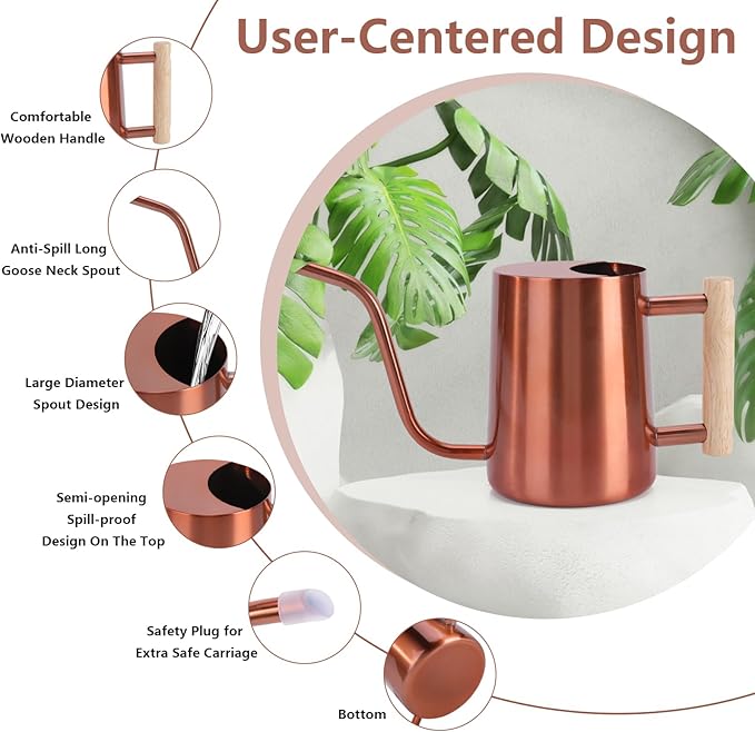 Watering Can Indoor Plants, 35oz Small Stainless Steel Metal Watering Can Modern Decorative Watering Pot with Long Spout for Indoor House Plant Bonsai Garden Flowers (Copper)