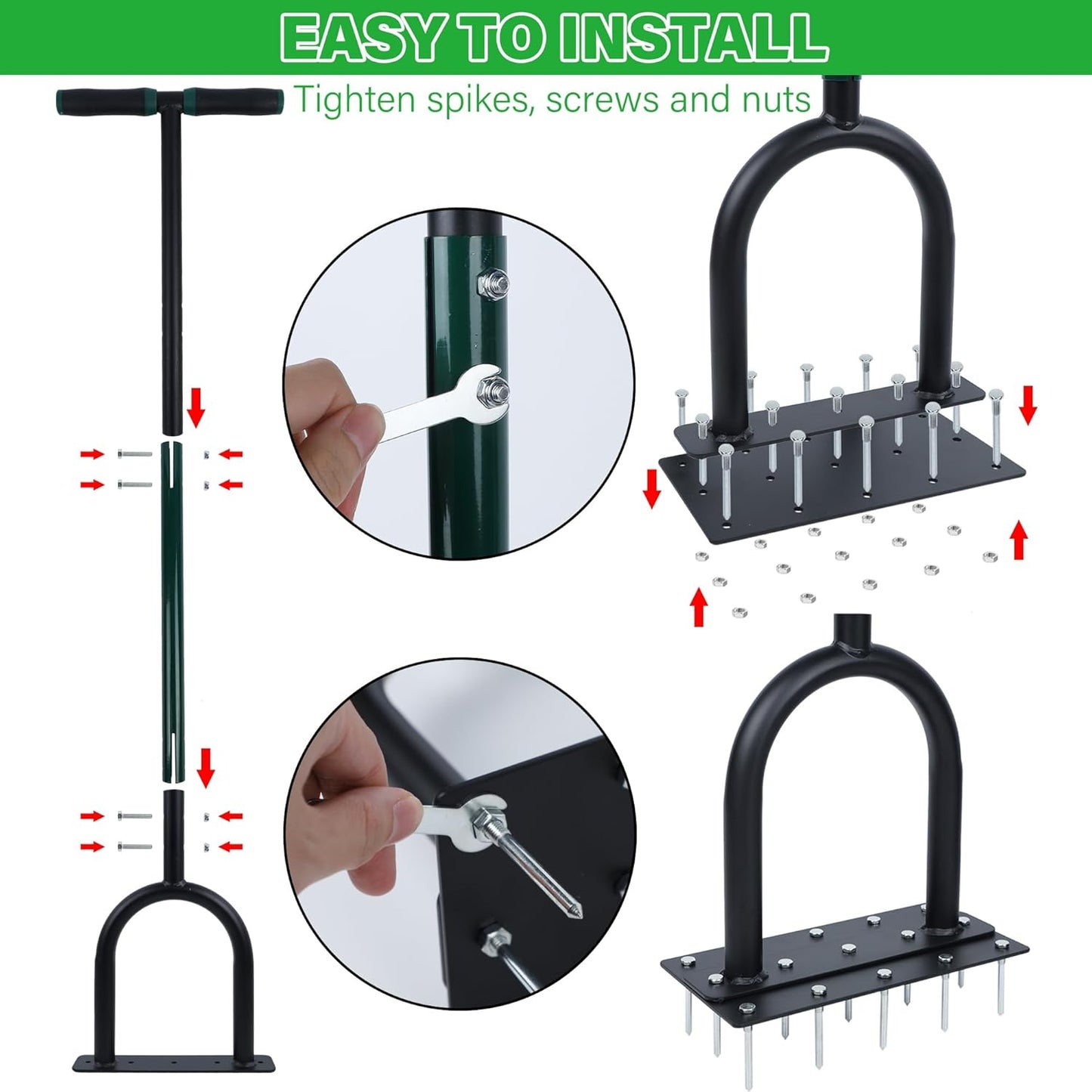 YOFIT 3-in-1 Lawn Aerator Tool with Spikes, Manual Core Yard Aerator, Grass Plug Air Aerators with Soil Tray, Metal Aeration Tools with Changeable Head for Lawn Care, Garden Maintenance (38.2 Inch)