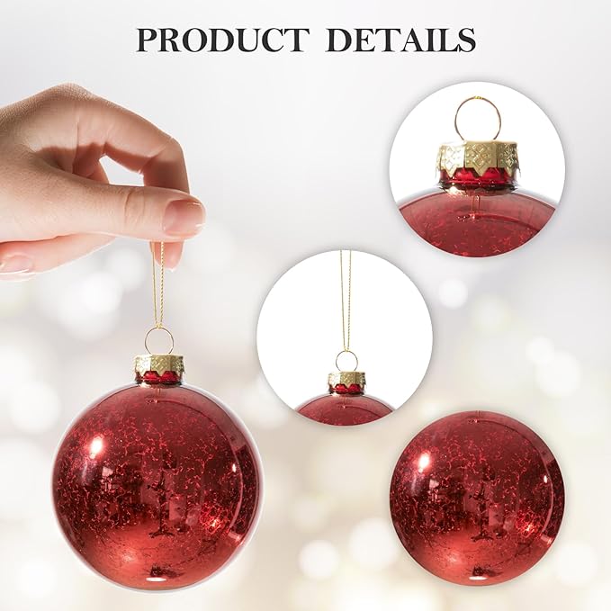 DN DECONATION Christmas Tree Decorative Hanging Ornaments, Red Mercury Glass Ball Set, 3.14” Tree Ornaments for Christmas Decorations, Holiday Hanging Balls for Winter & Festive Home Decor