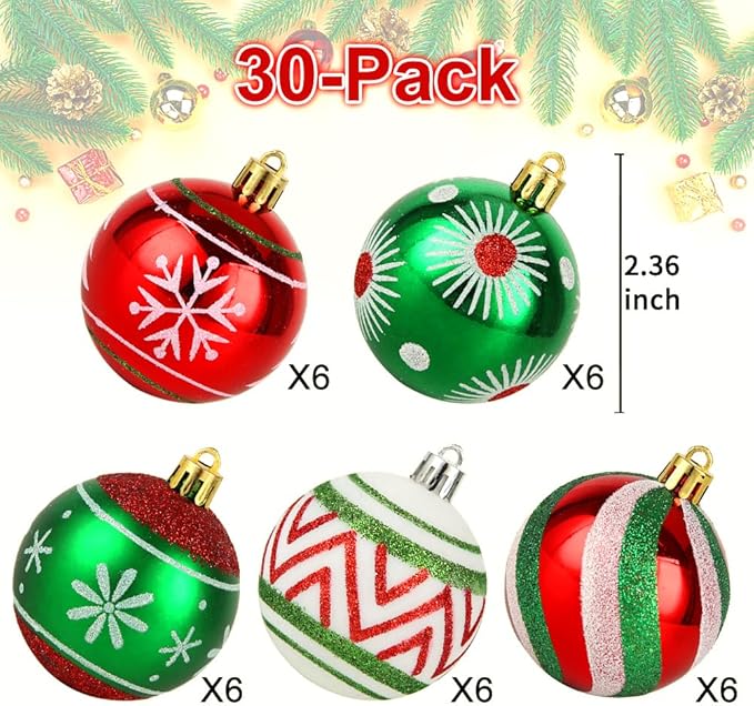 Christmas Ornaments Set, 30 pcs 2.36inch Red Green White Christmas Balls Ornaments for Christmas Tree Decorations Shatterproof Hanging Baubles Decoration for Xmas Thanksgiving Holiday Party Home Decor