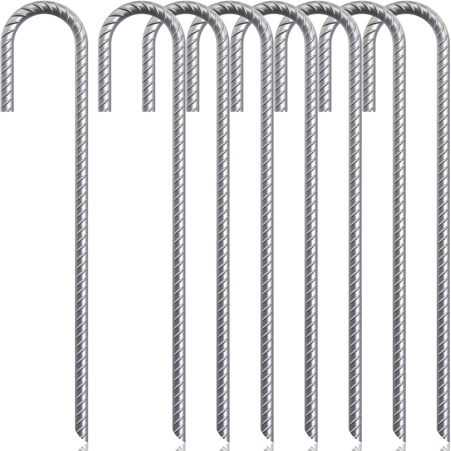 ASDFGHT J Hook Rebar Stakes 12 & 16 Inch (Black or Silver), Heavy Duty Professional Quality Ground Anchors for Chainlink Fence, Sports nets, Camping, Trampolines, Irrigation Pipes and Garden