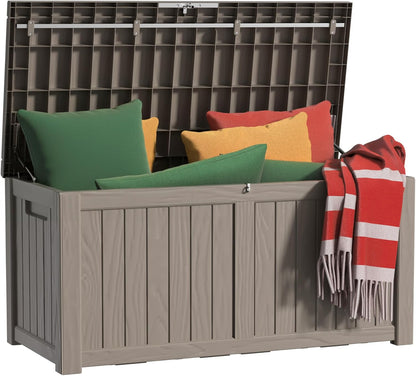 120 Gallon Outdoor Storage Box Waterproof, UV Resistant Resin Deck Box with Hydraulic Rod, Reinforced Stability for Patio, Garden, and Pool, Striped Gray