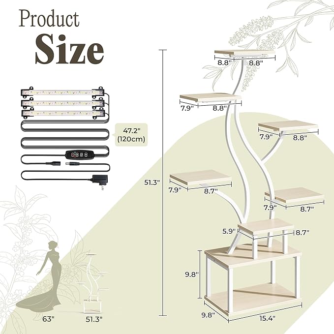 PRAISUN 51.3 Inch Plant Stand with Grow Light, 6 Tiered Indoor Plant Shelf with Larger Flower Holder, Pine-Shaped Stand, 3 Light Modes, Open Base, Corner Plant Rack for Living Room, Oak and White