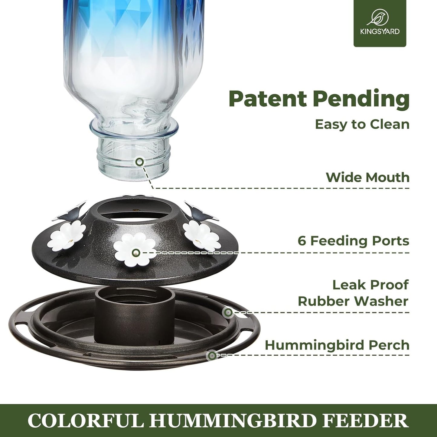 Kingsyard Glass Hummingbird Feeder for Outdoor Hanging, 24 Ounces, 6 Feeding Ports, Bird Nectar Feeder for Garden Décor, Ant Moat Included, Blue
