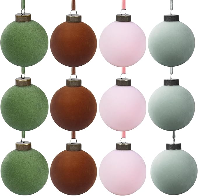 12 Pcs Velvet Christmas Balls Bulk Shatterproof Plastic Christmas Tree Decorations for Decorative Hanging Baubles (12, Green、Brown、Pink、Haze Blue, 3.94Inch)