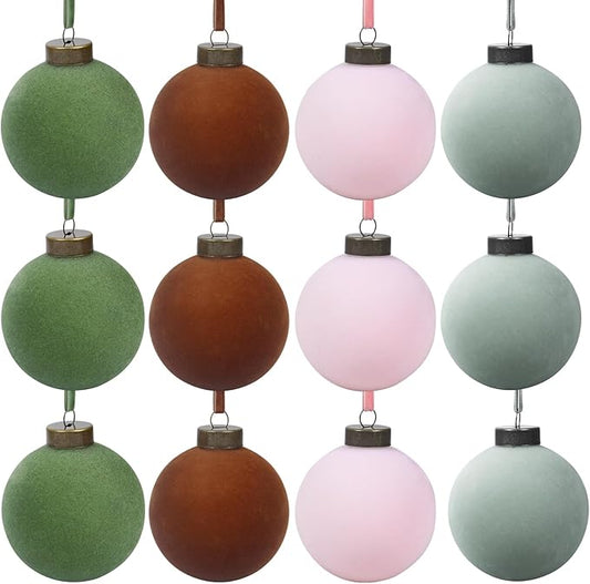 12 Pcs Velvet Christmas Balls Bulk Shatterproof Plastic Christmas Tree Decorations for Decorative Hanging Baubles (12, Green、Brown、Pink、Haze Blue, 3.94Inch)